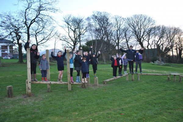 Willaston School Students with Manx Lottery Trust Trustee Sarah Kelly at new adventure trail